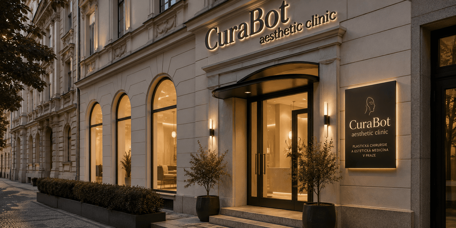 Fiktivní exteriér CuraBot aesthetic clinic v elegantní pražské budově