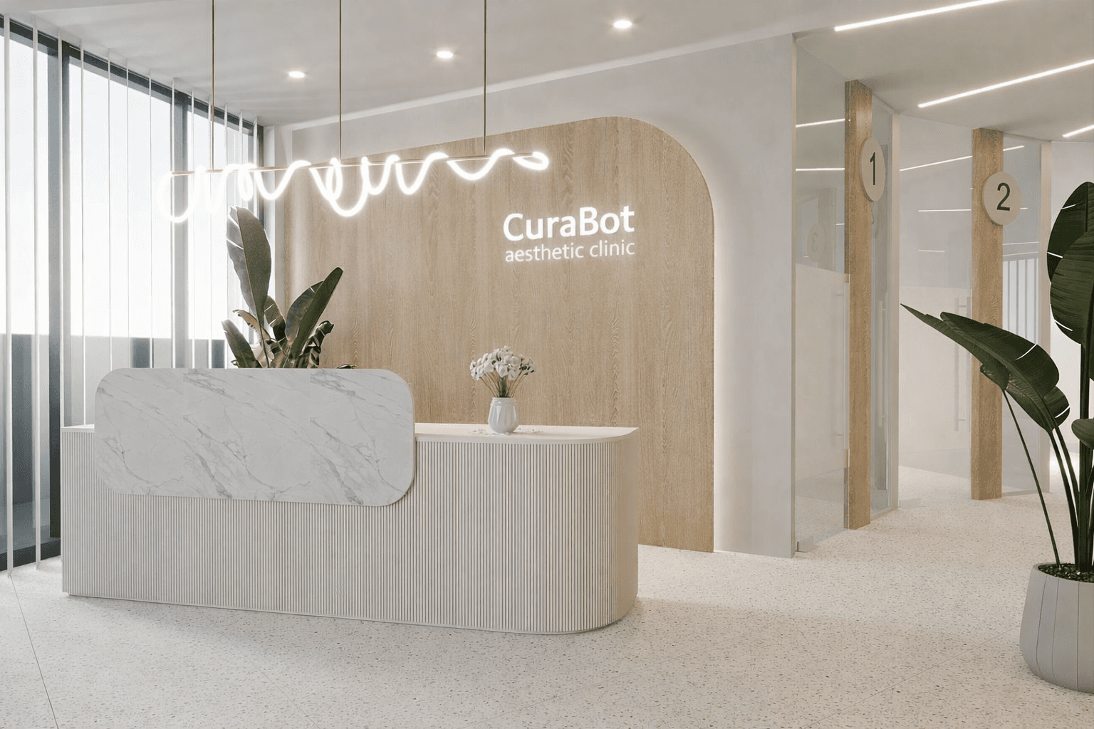 Světlá moderní recepce fiktivní CuraBot aesthetic clinic
